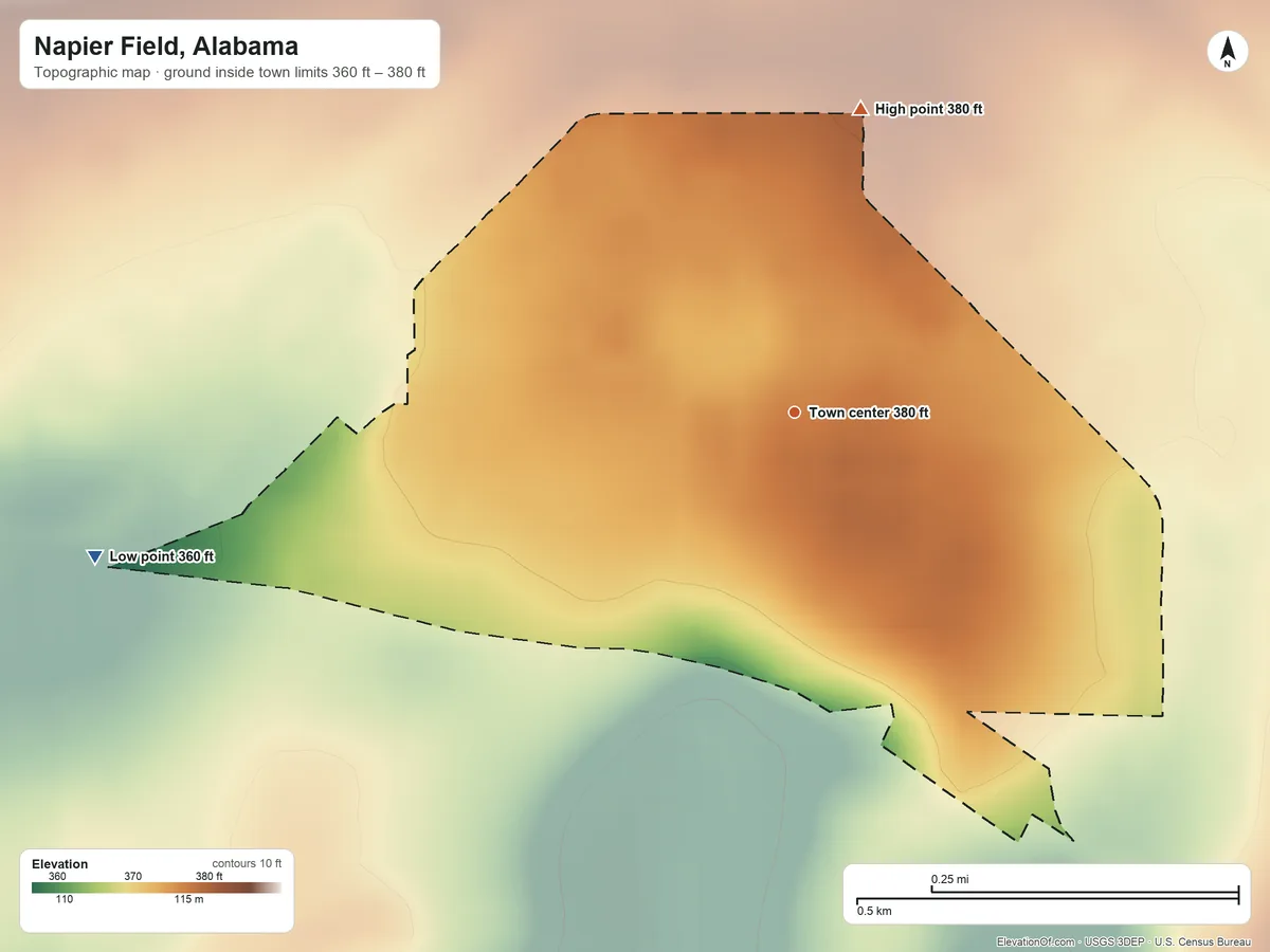 Topographic elevation map of Napier Field, Alabama, shaded from 360 ft on the west side to 380 ft on the north side