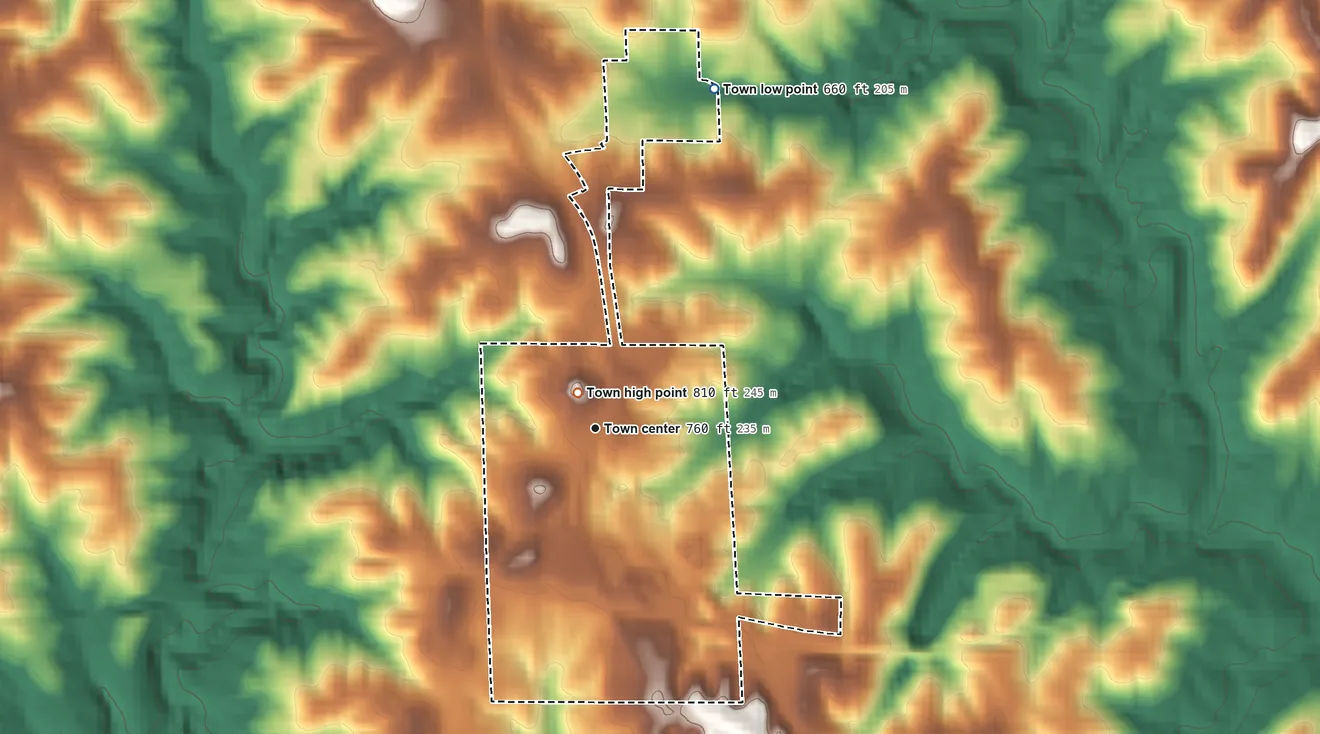 Topographic elevation map of Natural Bridge, Alabama, shaded from 660 ft on the north side to 810 ft near the middle