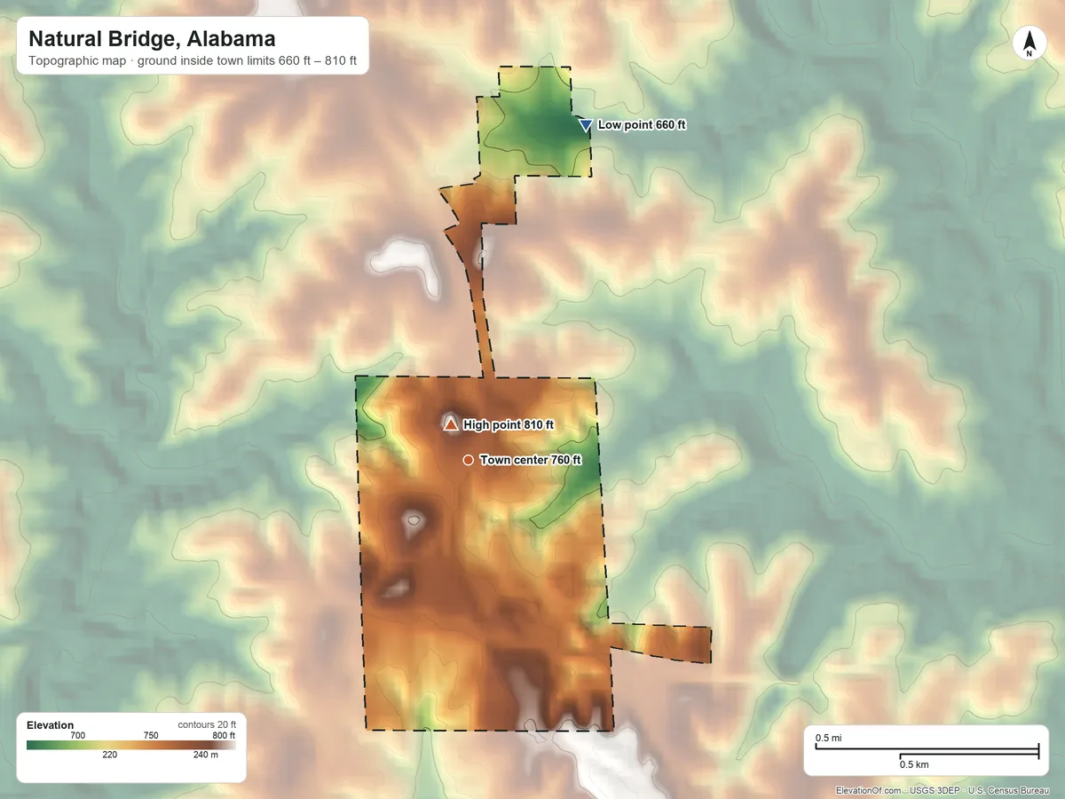 Topographic elevation map of Natural Bridge, Alabama, shaded from 660 ft on the north side to 810 ft near the middle