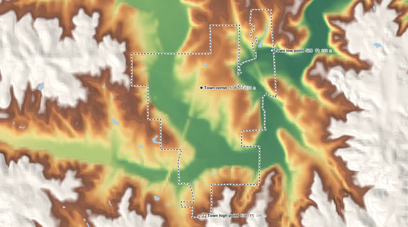 Topographic elevation map of Nauvoo, Alabama, shaded from 520 ft on the northeast side to 630 ft on the south side