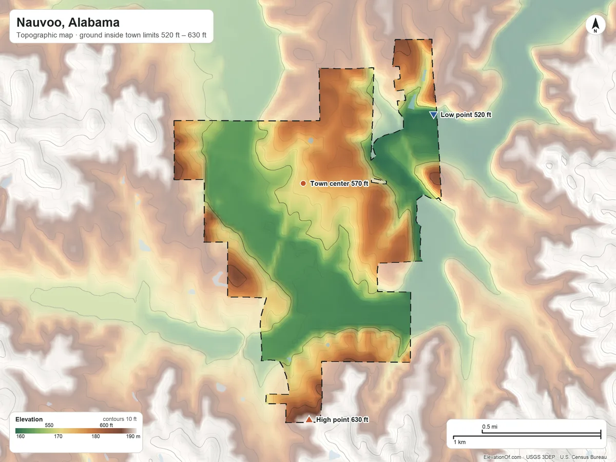 Topographic elevation map of Nauvoo, Alabama, shaded from 520 ft on the northeast side to 630 ft on the south side
