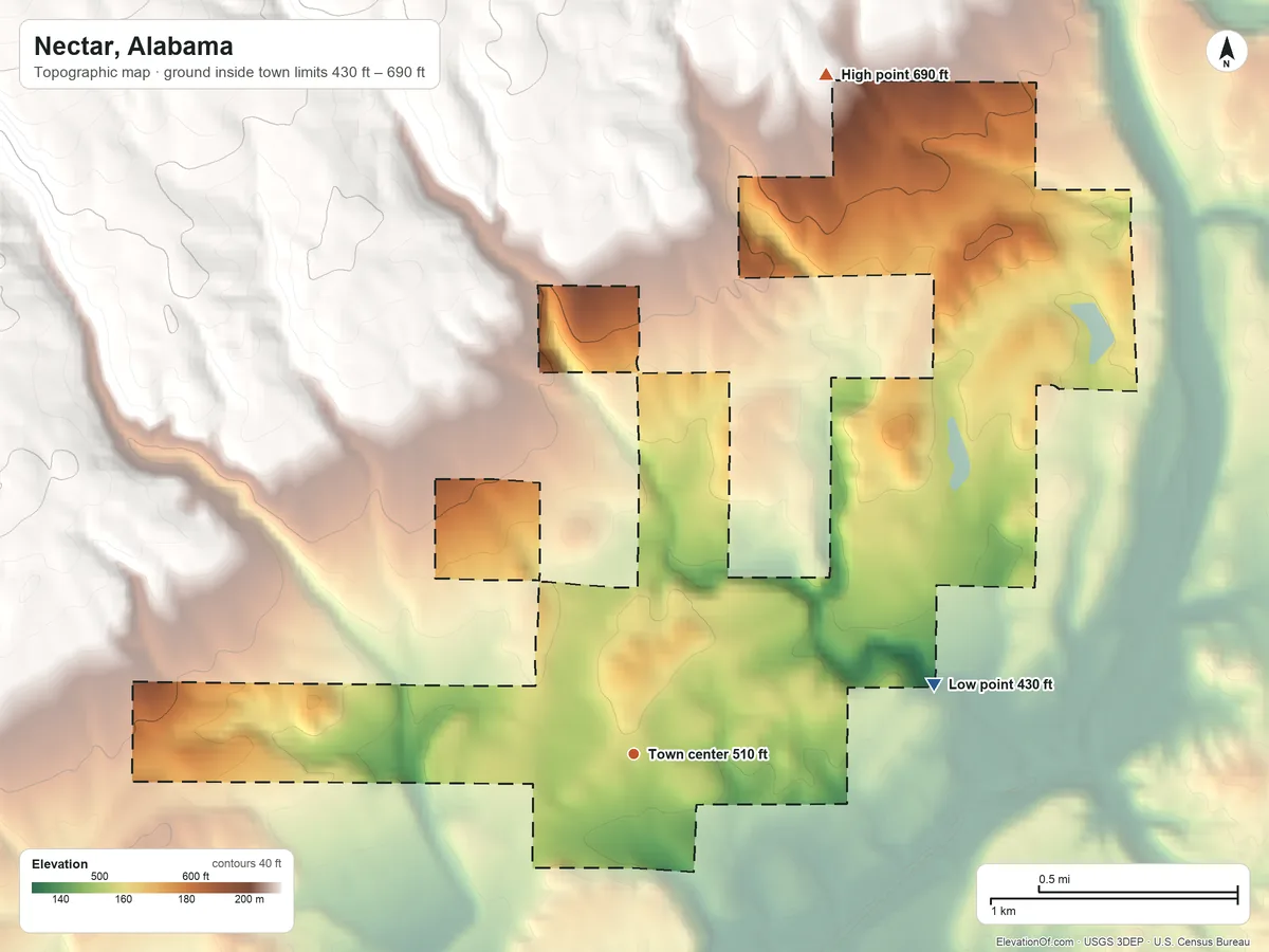 Topographic elevation map of Nectar, Alabama, shaded from 430 ft on the east side to 690 ft on the north edge, below higher ground just outside