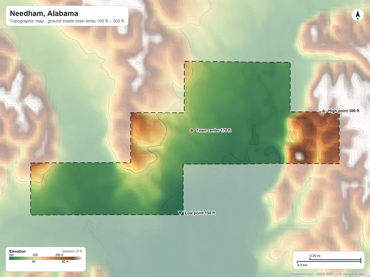 Topographic elevation map of Needham, Alabama, shaded from 150 ft on the south side to 300 ft on the east side
