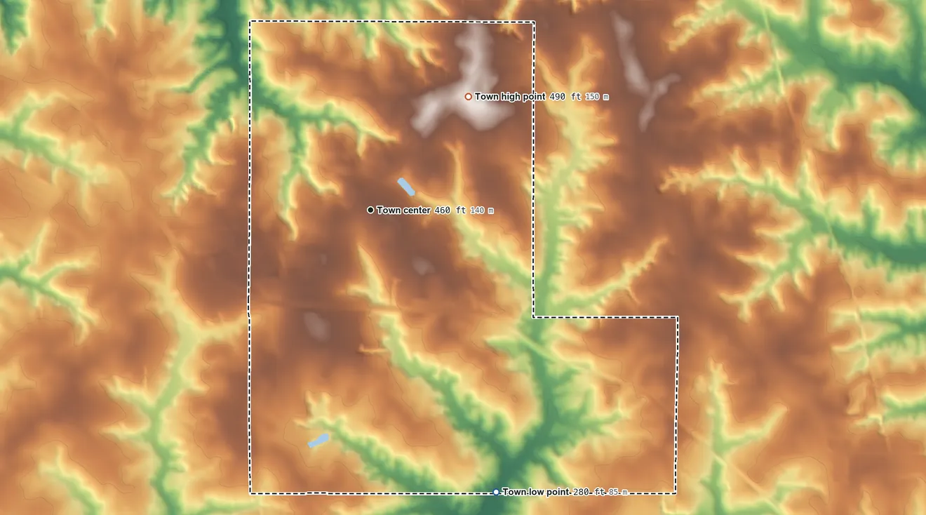 Topographic elevation map of New Brockton, Alabama, shaded from 280 ft on the southeast side to 490 ft on the northeast side