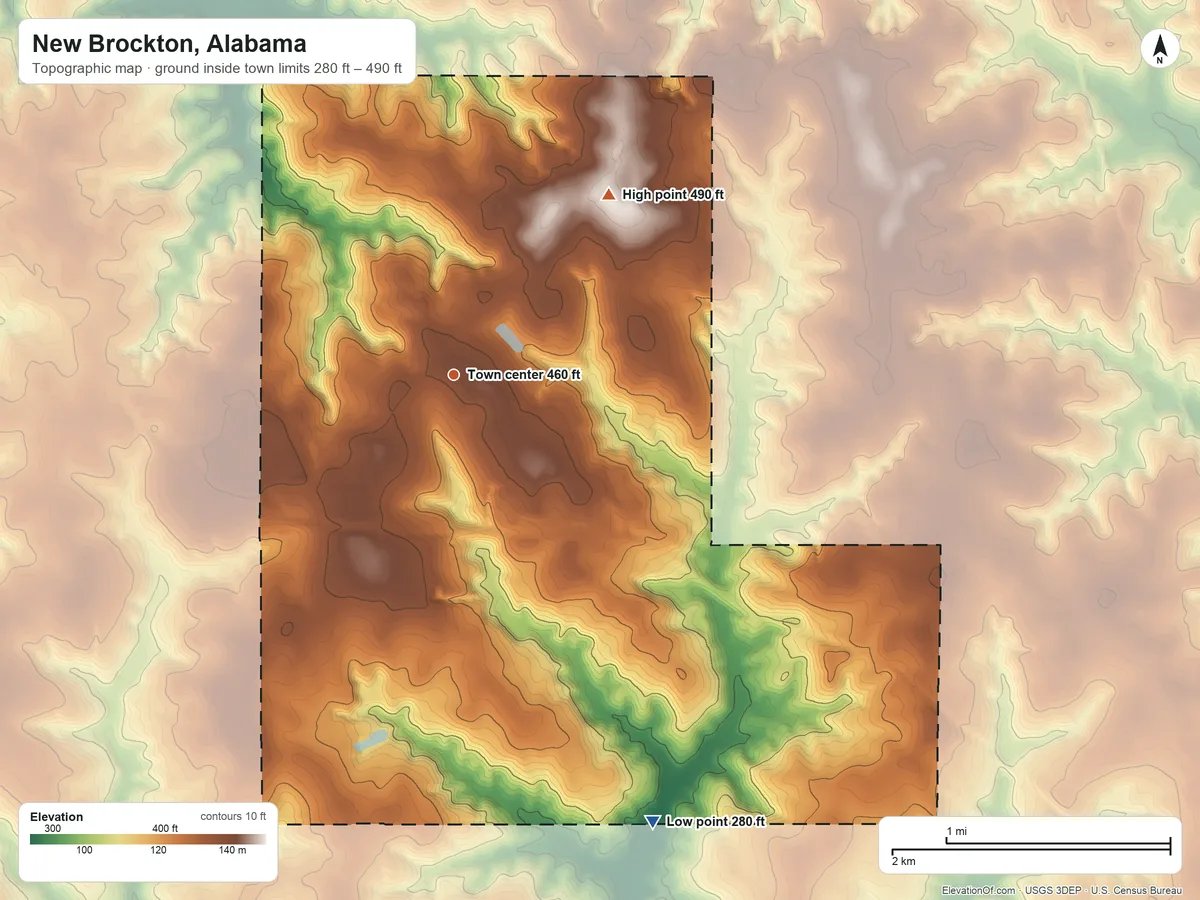 Topographic elevation map of New Brockton, Alabama, shaded from 280 ft on the southeast side to 490 ft on the northeast side