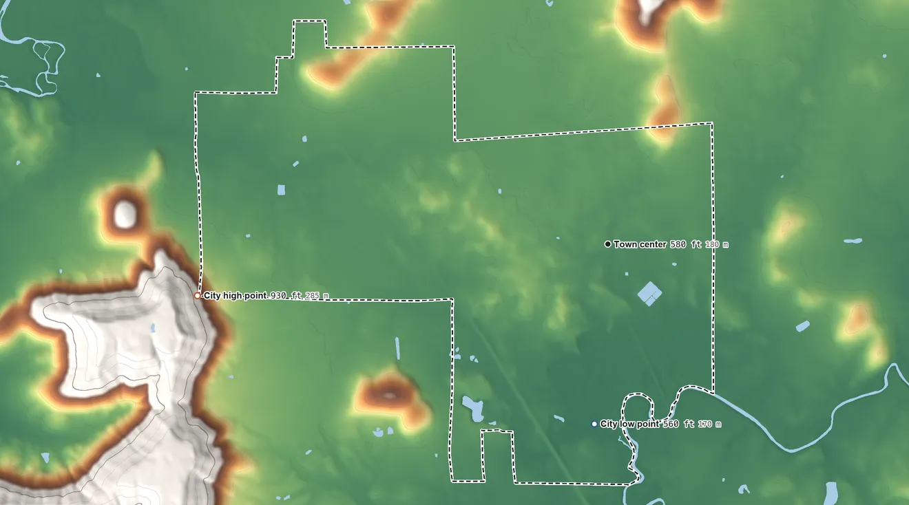 Topographic elevation map of New Hope, Alabama, shaded from 560 ft on the south side to 930 ft at the foot of the Brindley Mountain