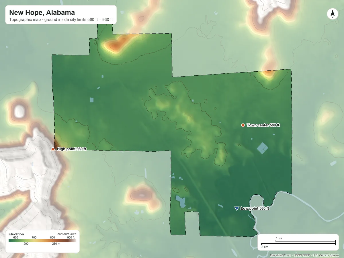 Topographic elevation map of New Hope, Alabama, shaded from 560 ft on the south side to 930 ft at the foot of the Brindley Mountain