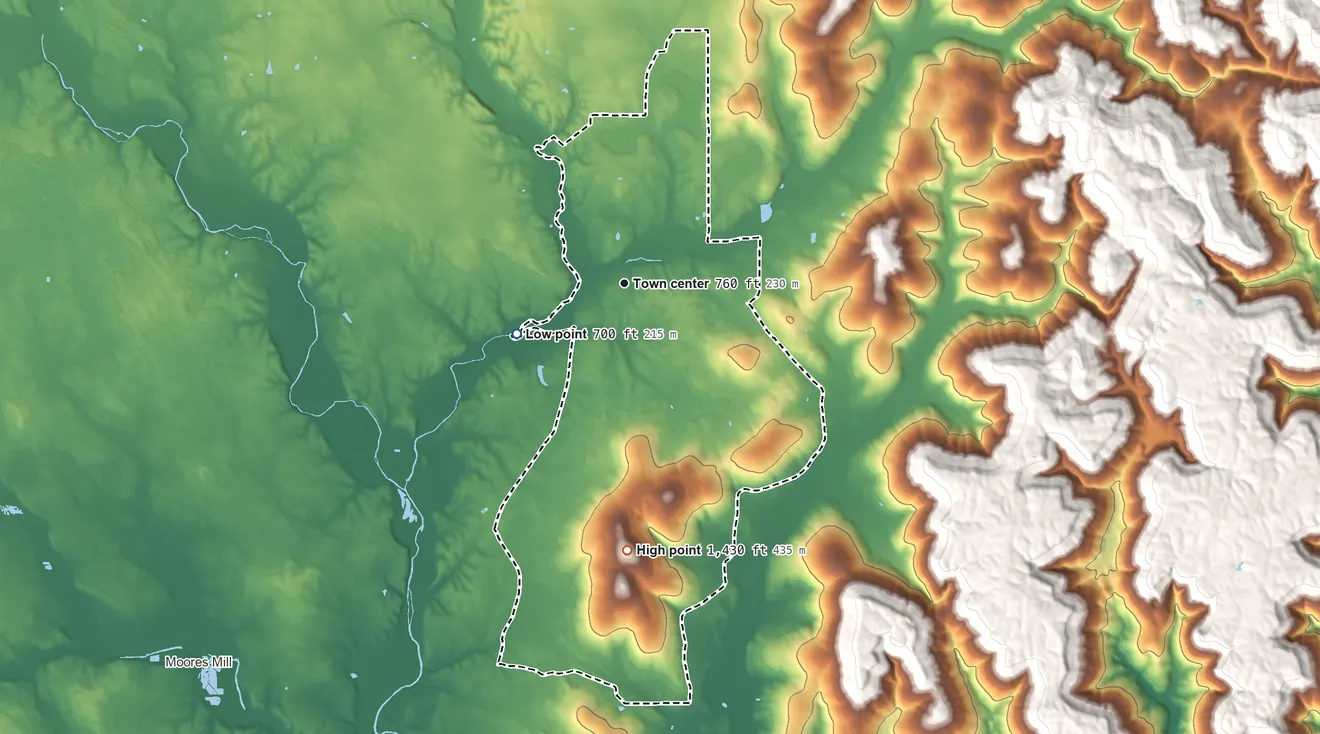 Topographic elevation map of New Market, Alabama, shaded from 700 ft on the southwest side to 1,430 ft on Lewis Mountain
