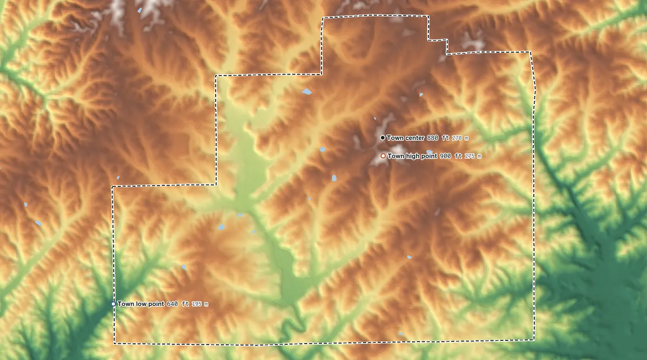 Topographic elevation map of New Site, Alabama, shaded from 640 ft on the southwest side to 900 ft near the middle