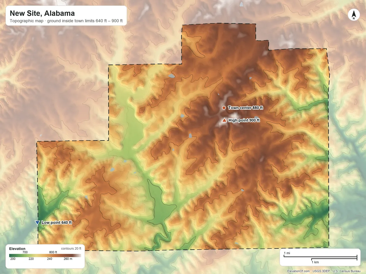 Topographic elevation map of New Site, Alabama, shaded from 640 ft on the southwest side to 900 ft near the middle