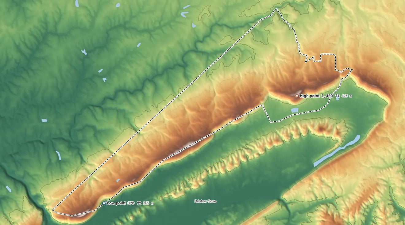 Topographic elevation map of New Union, Alabama, shaded from 870 ft on the southwest side to 1,402 ft on Aurora Mountain