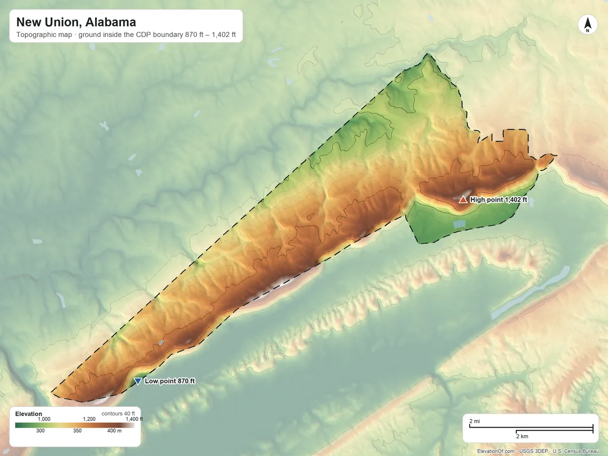 Topographic elevation map of New Union, Alabama, shaded from 870 ft on the southwest side to 1,402 ft on Aurora Mountain