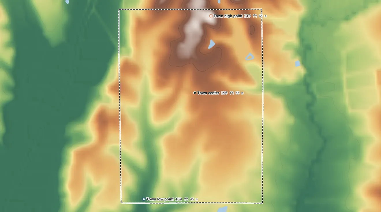 Topographic elevation map of Newbern, Alabama, shaded from 150 ft on the southwest side to 210 ft on the north side
