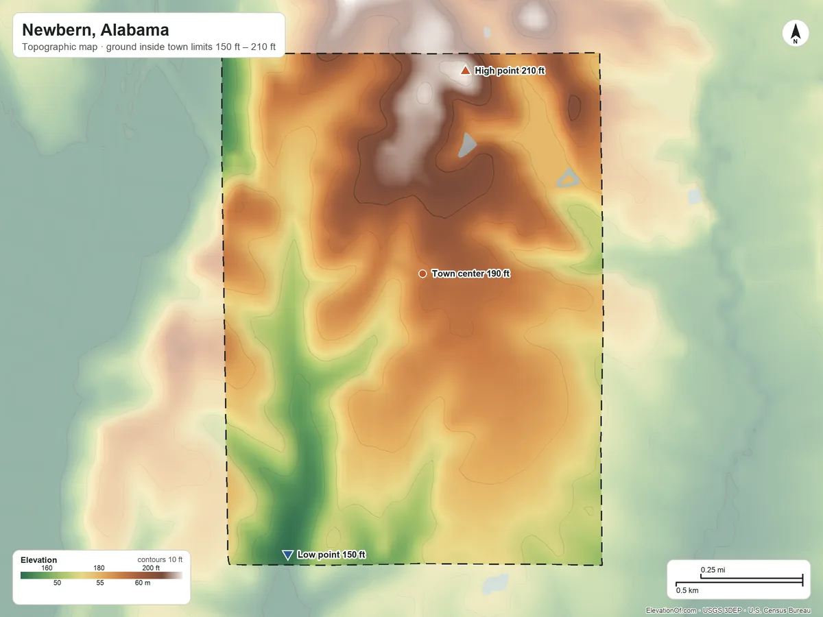 Topographic elevation map of Newbern, Alabama, shaded from 150 ft on the southwest side to 210 ft on the north side