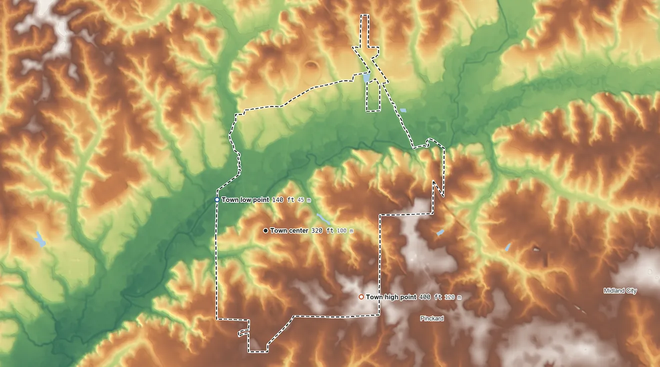 Topographic elevation map of Newton, Alabama, shaded from 140 ft on the northwest side to 400 ft on the southeast side