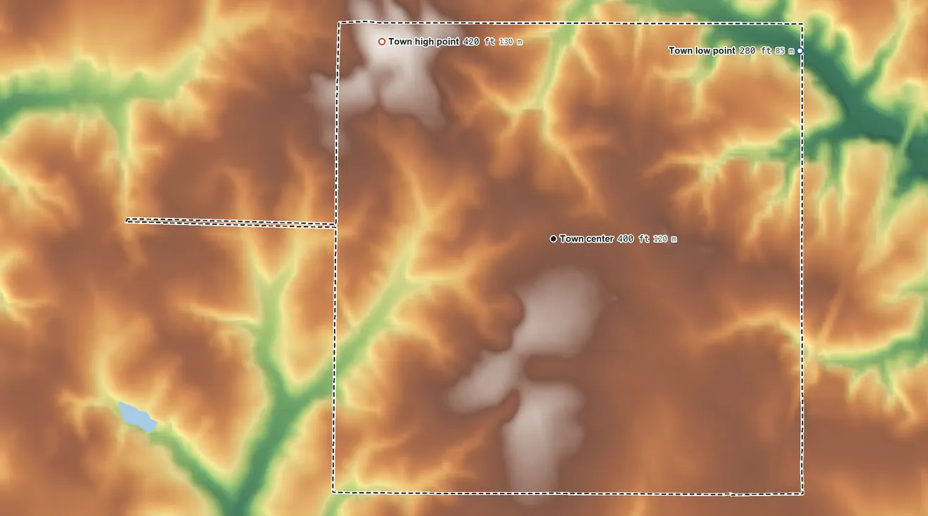 Topographic elevation map of Newville, Alabama, shaded from 280 ft on the northeast side to 420 ft on the northwest side