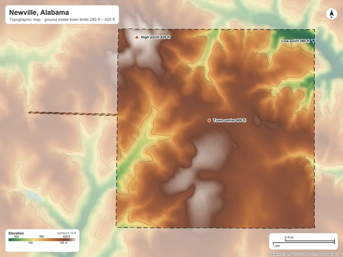 Topographic elevation map of Newville, Alabama, shaded from 280 ft on the northeast side to 420 ft on the northwest side