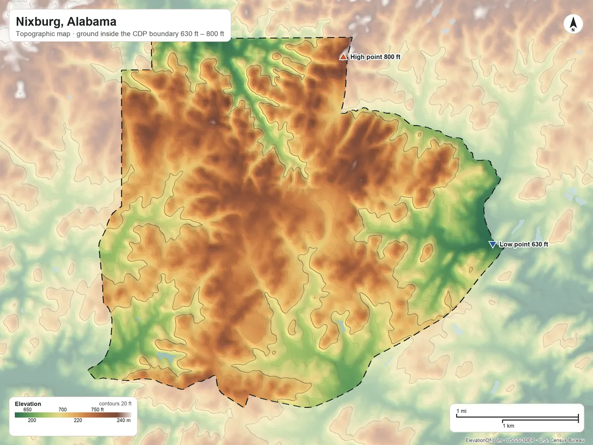 Topographic elevation map of Nixburg, Alabama, shaded from 630 ft on the east side to 800 ft on the northeast side
