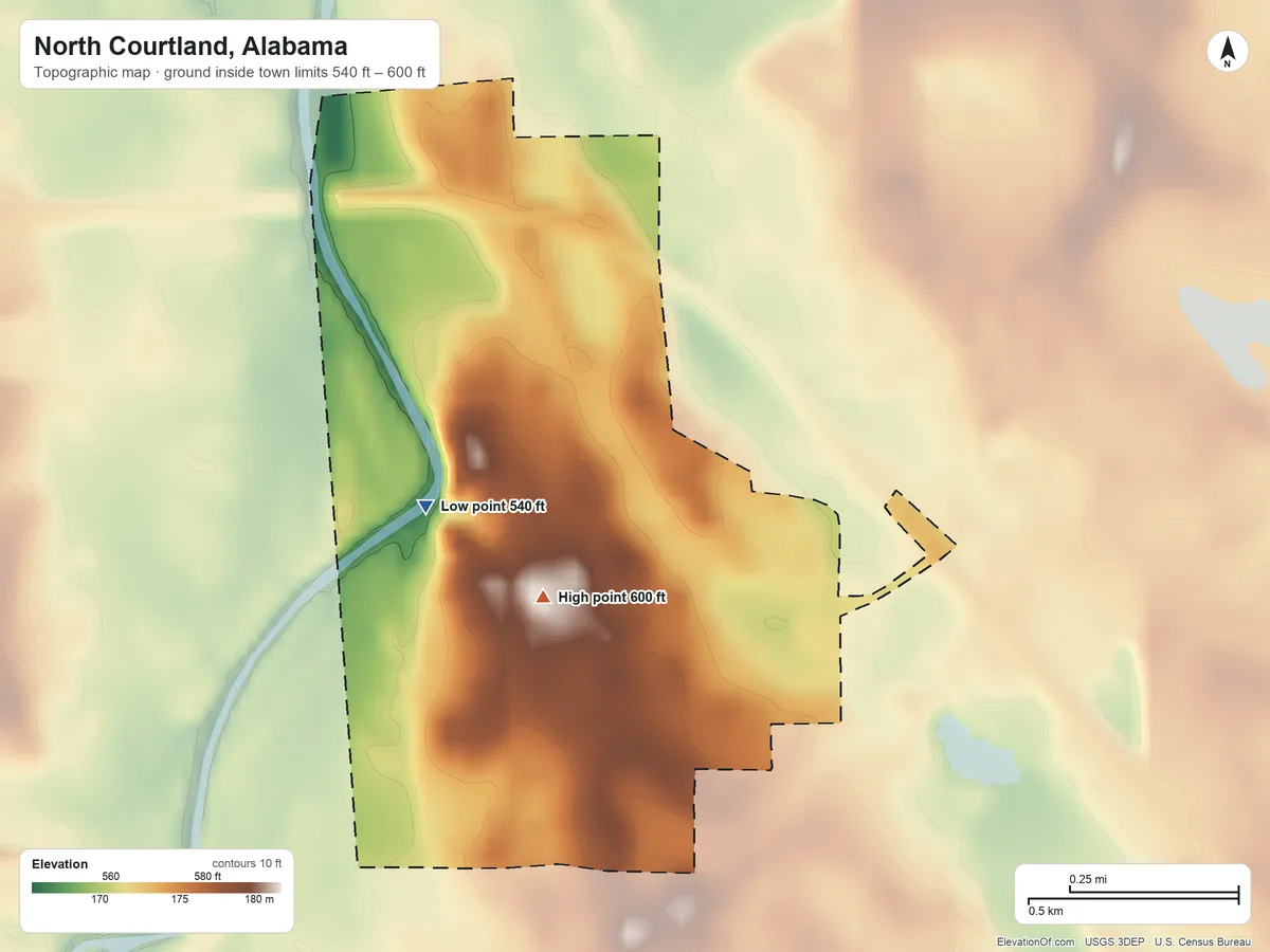 Topographic elevation map of North Courtland, Alabama, shaded from 540 ft on the northwest side to 600 ft near the middle