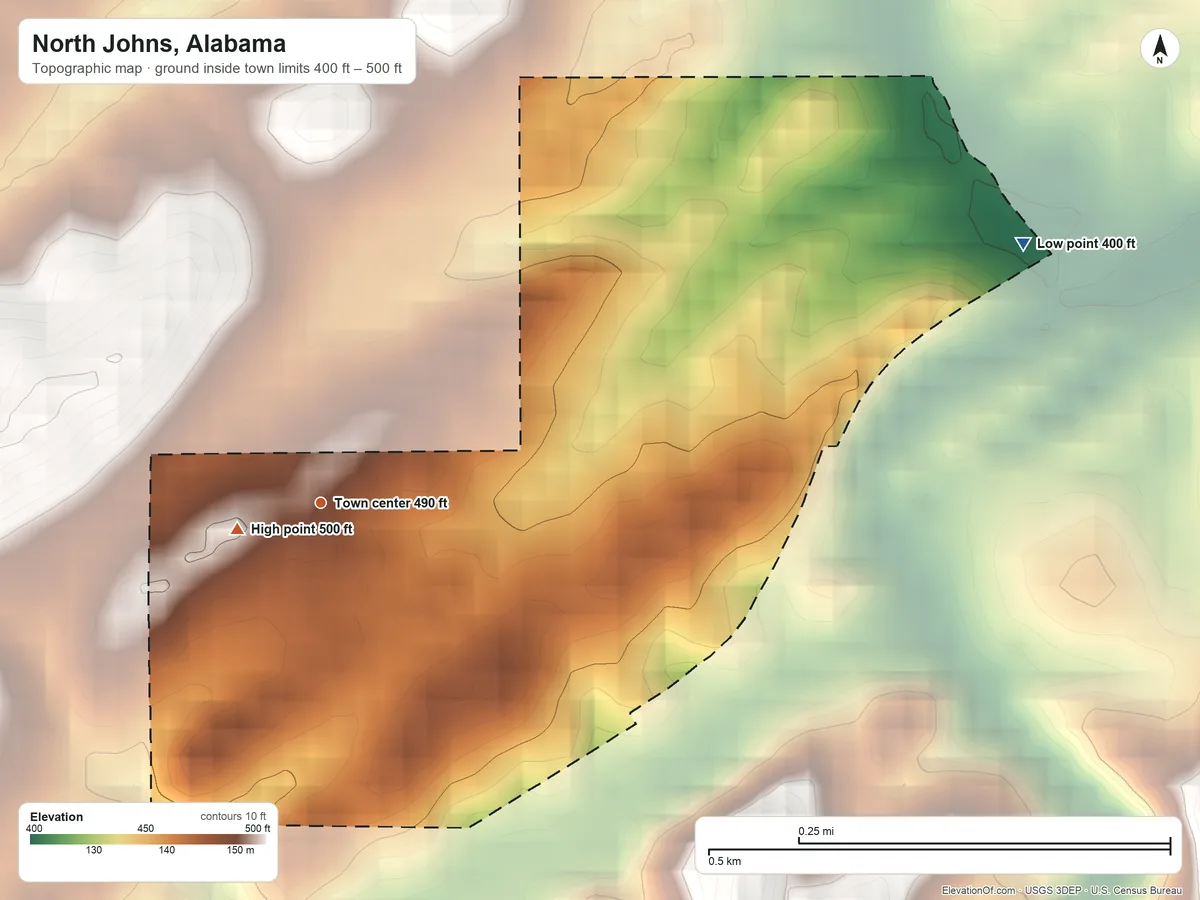 Topographic elevation map of North Johns, Alabama, shaded from 400 ft on the east side to 500 ft near the middle