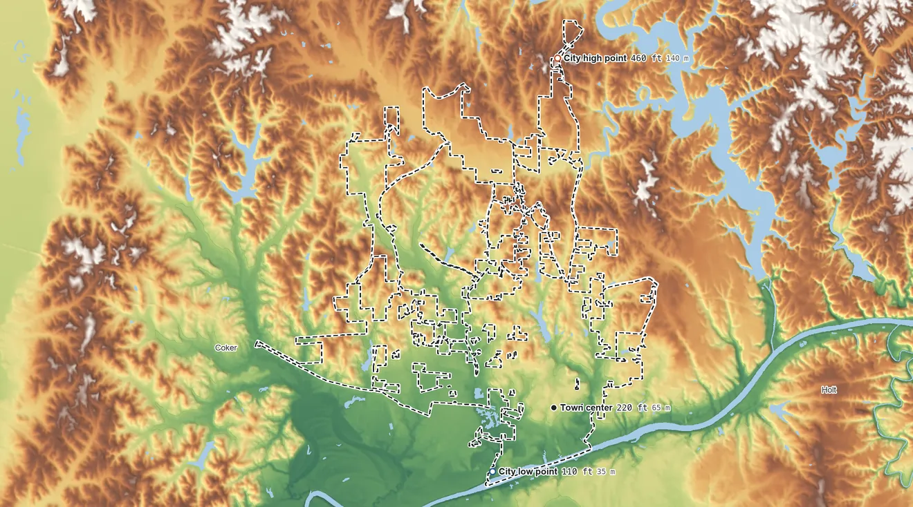Topographic elevation map of Northport, Alabama, shaded from 110 ft on the southwest side to 460 ft on the north side