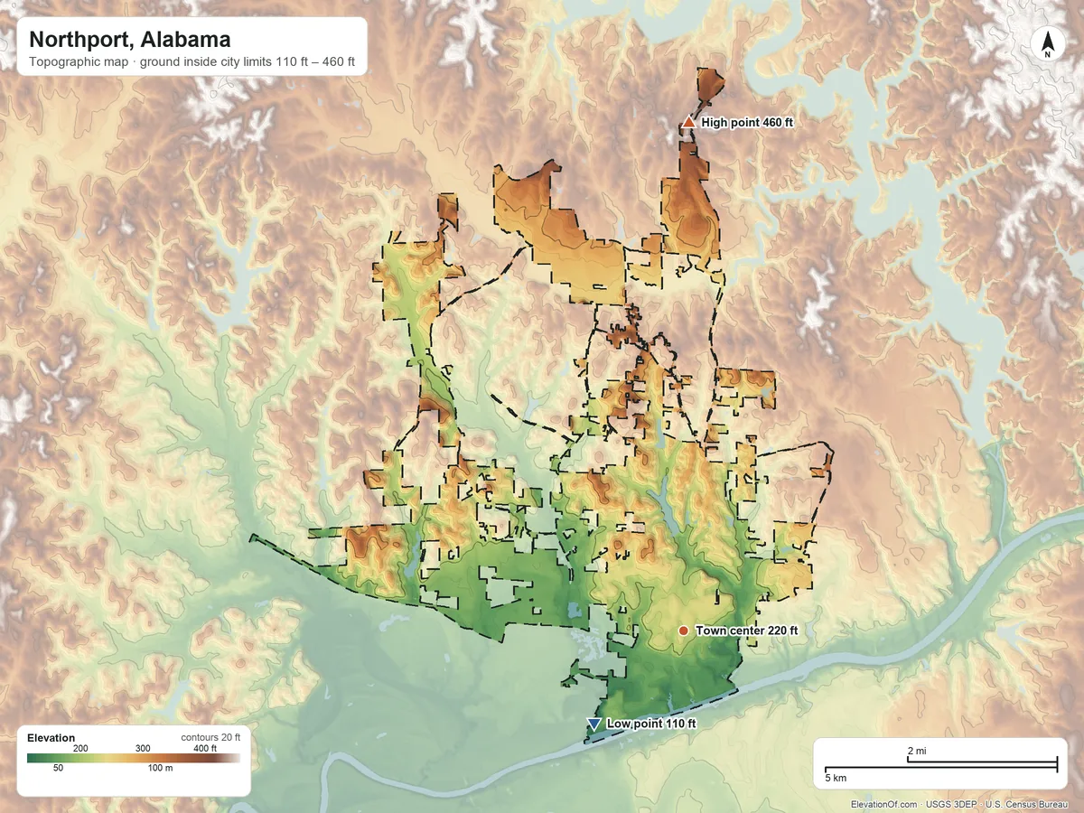 Topographic elevation map of Northport, Alabama, shaded from 110 ft on the southwest side to 460 ft on the north side