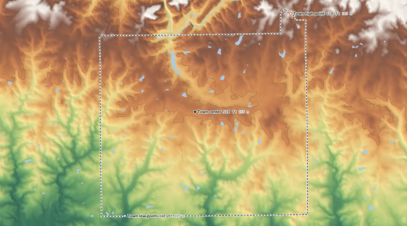 Topographic elevation map of Notasulga, Alabama, shaded from 340 ft on the southwest side to 610 ft on the northeast side