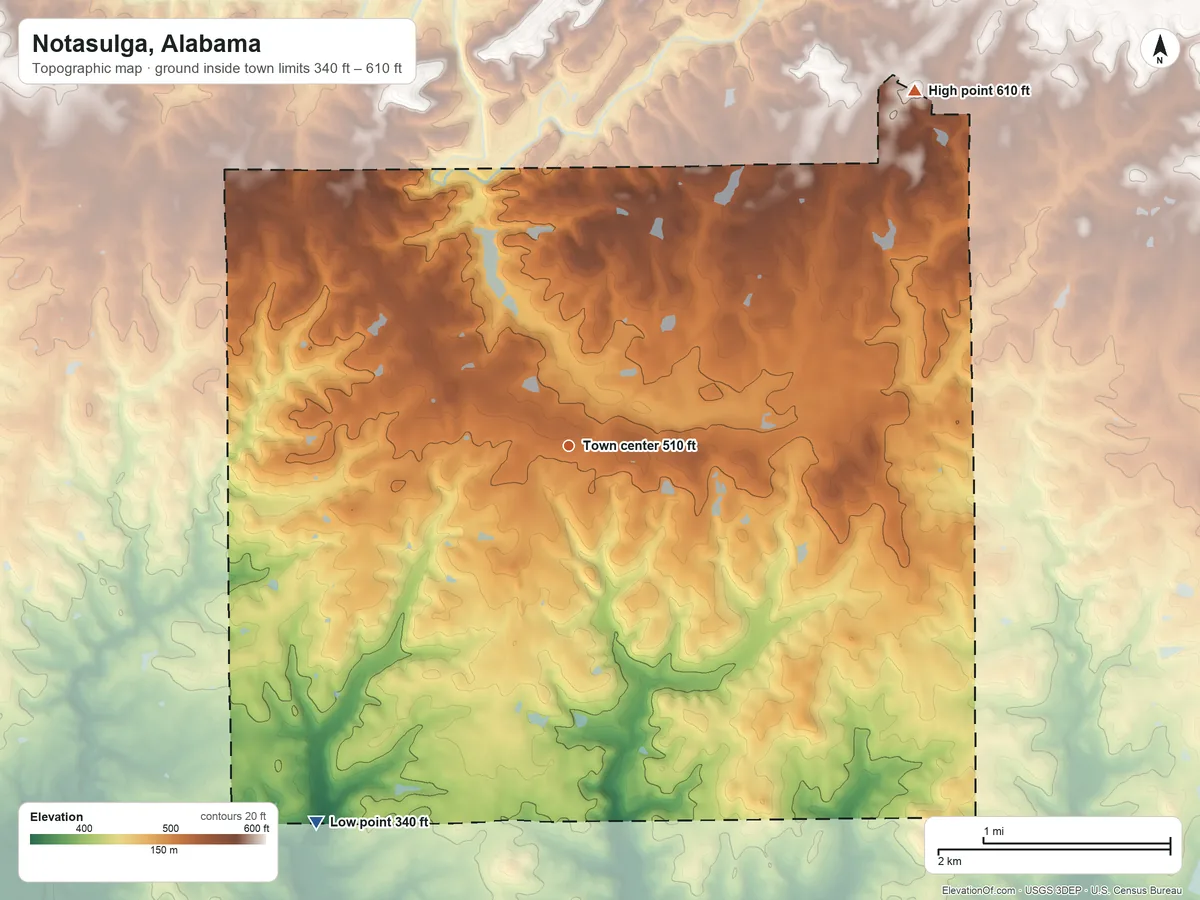 Topographic elevation map of Notasulga, Alabama, shaded from 340 ft on the southwest side to 610 ft on the northeast side