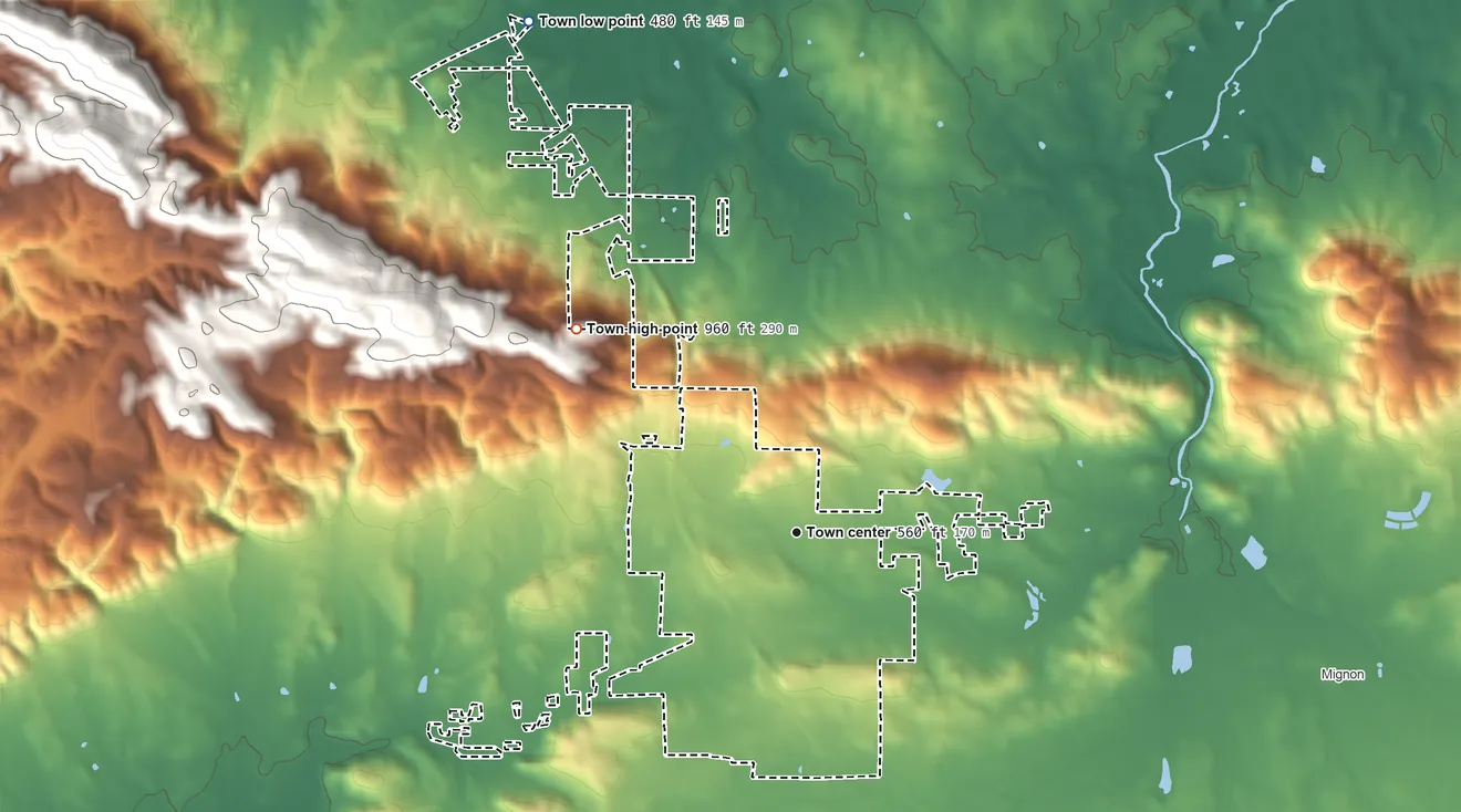 Topographic elevation map of Oak Grove, Alabama, shaded from 480 ft on the northwest side to 960 ft on the northwest side
