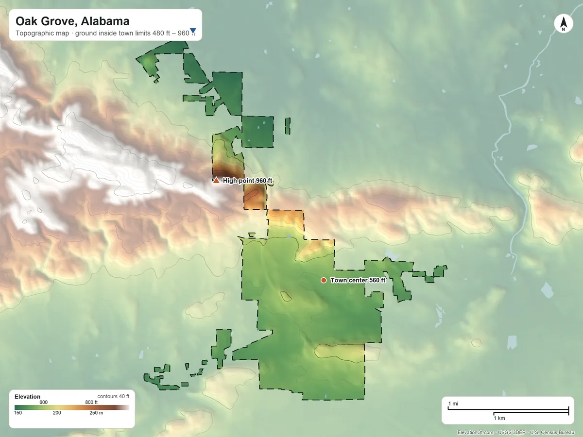 Topographic elevation map of Oak Grove, Alabama, shaded from 480 ft on the northwest side to 960 ft on the northwest side