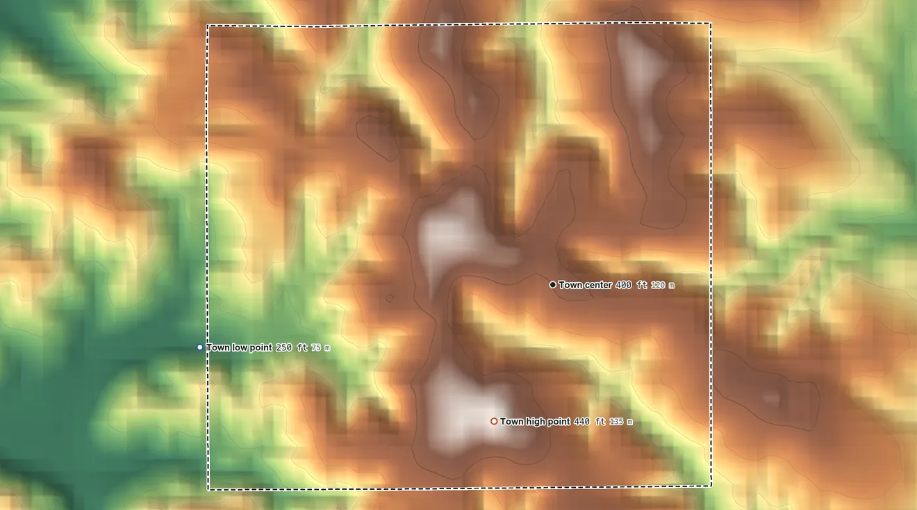 Topographic elevation map of Oak Hill, Alabama, shaded from 250 ft on the west side to 440 ft on the southwest side