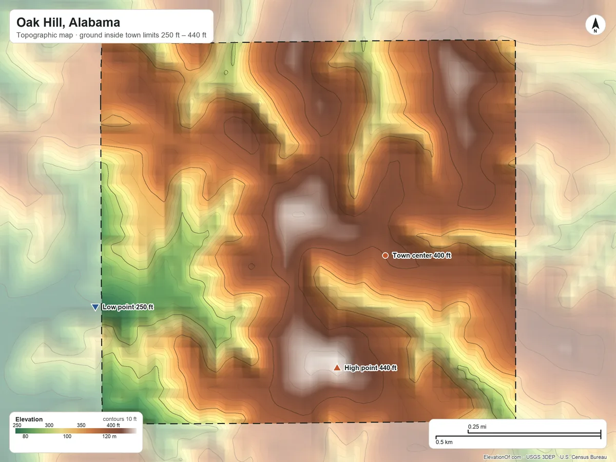 Topographic elevation map of Oak Hill, Alabama, shaded from 250 ft on the west side to 440 ft on the southwest side