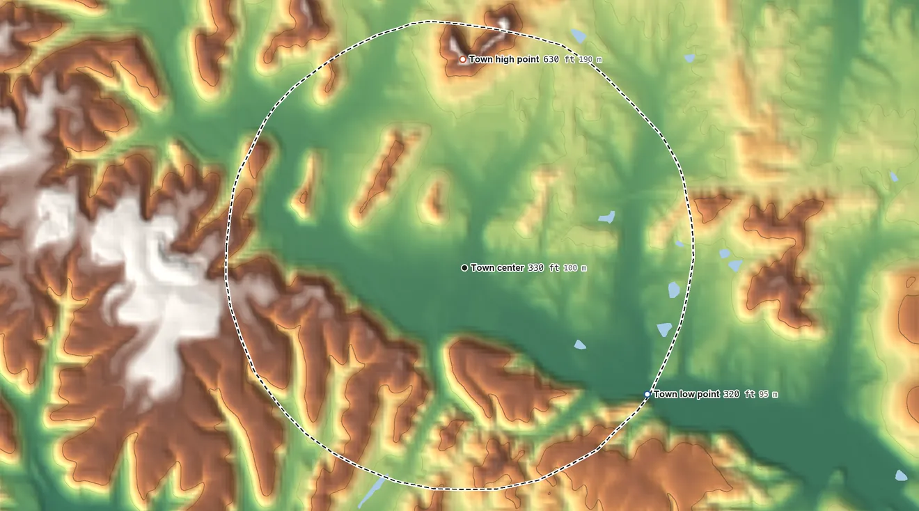 Topographic elevation map of Oakman, Alabama, shaded from 320 ft on the southeast side to 630 ft on the north side