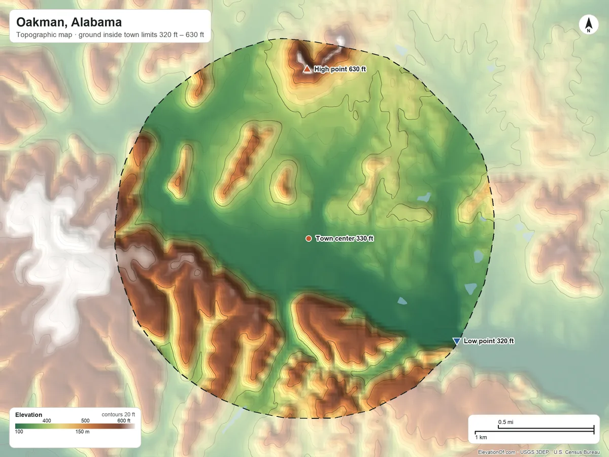 Topographic elevation map of Oakman, Alabama, shaded from 320 ft on the southeast side to 630 ft on the north side