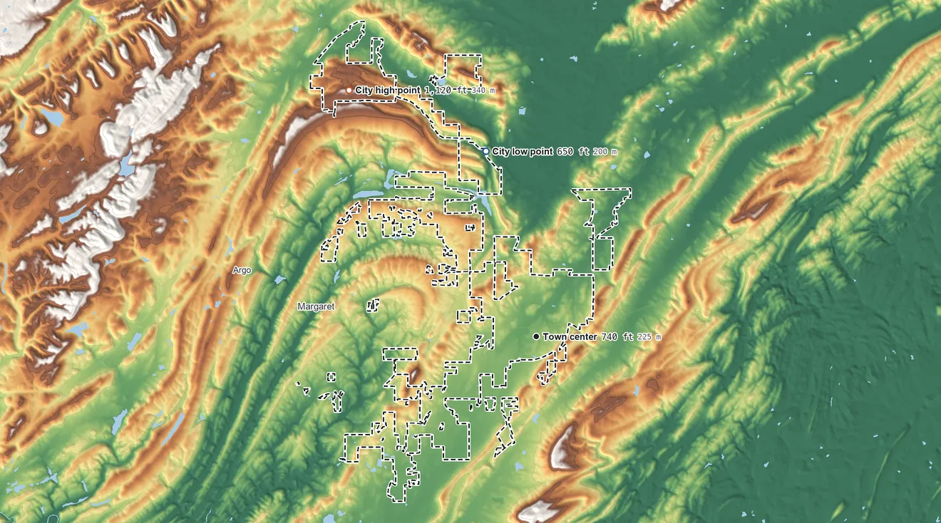 Topographic elevation map of Odenville, Alabama, shaded from 650 ft on the north side to 1,120 ft on the northwest side