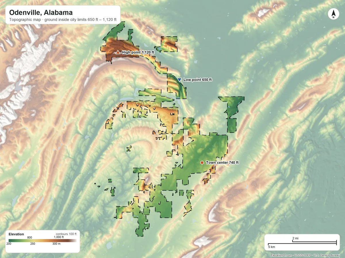 Topographic elevation map of Odenville, Alabama, shaded from 650 ft on the north side to 1,120 ft on the northwest side
