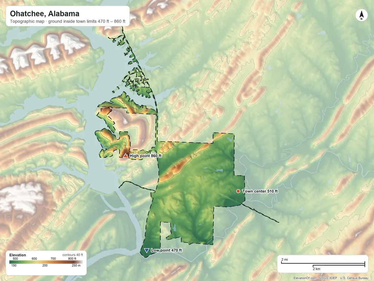 Topographic elevation map of Ohatchee, Alabama, shaded from 470 ft on the southwest side to 860 ft on the west side