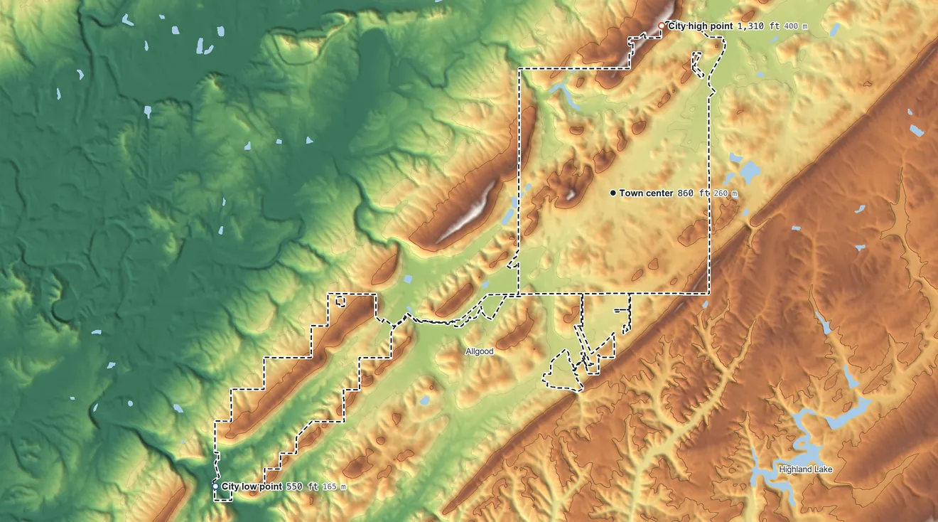 Topographic elevation map of Oneonta, Alabama, shaded from 550 ft on the southwest side to 1,310 ft on the north side