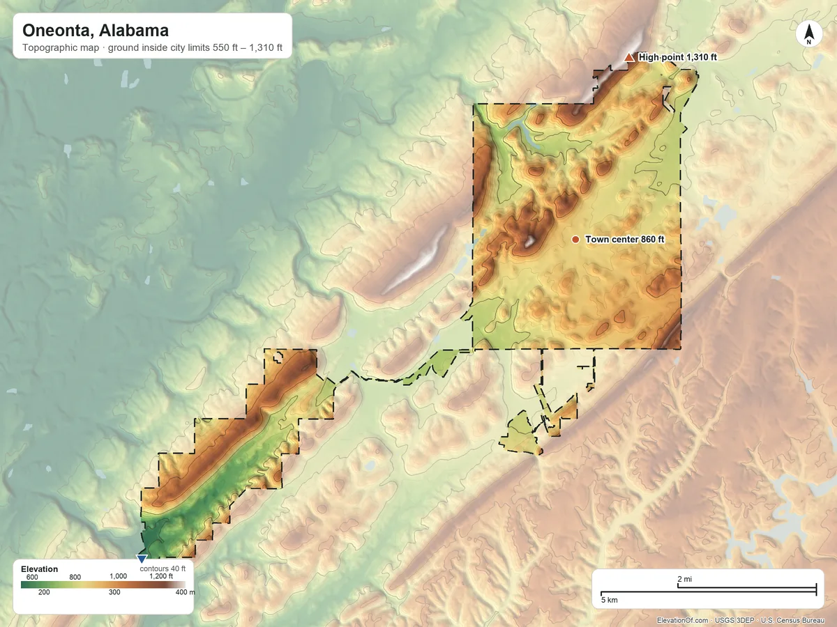 Topographic elevation map of Oneonta, Alabama, shaded from 550 ft on the southwest side to 1,310 ft on the north side