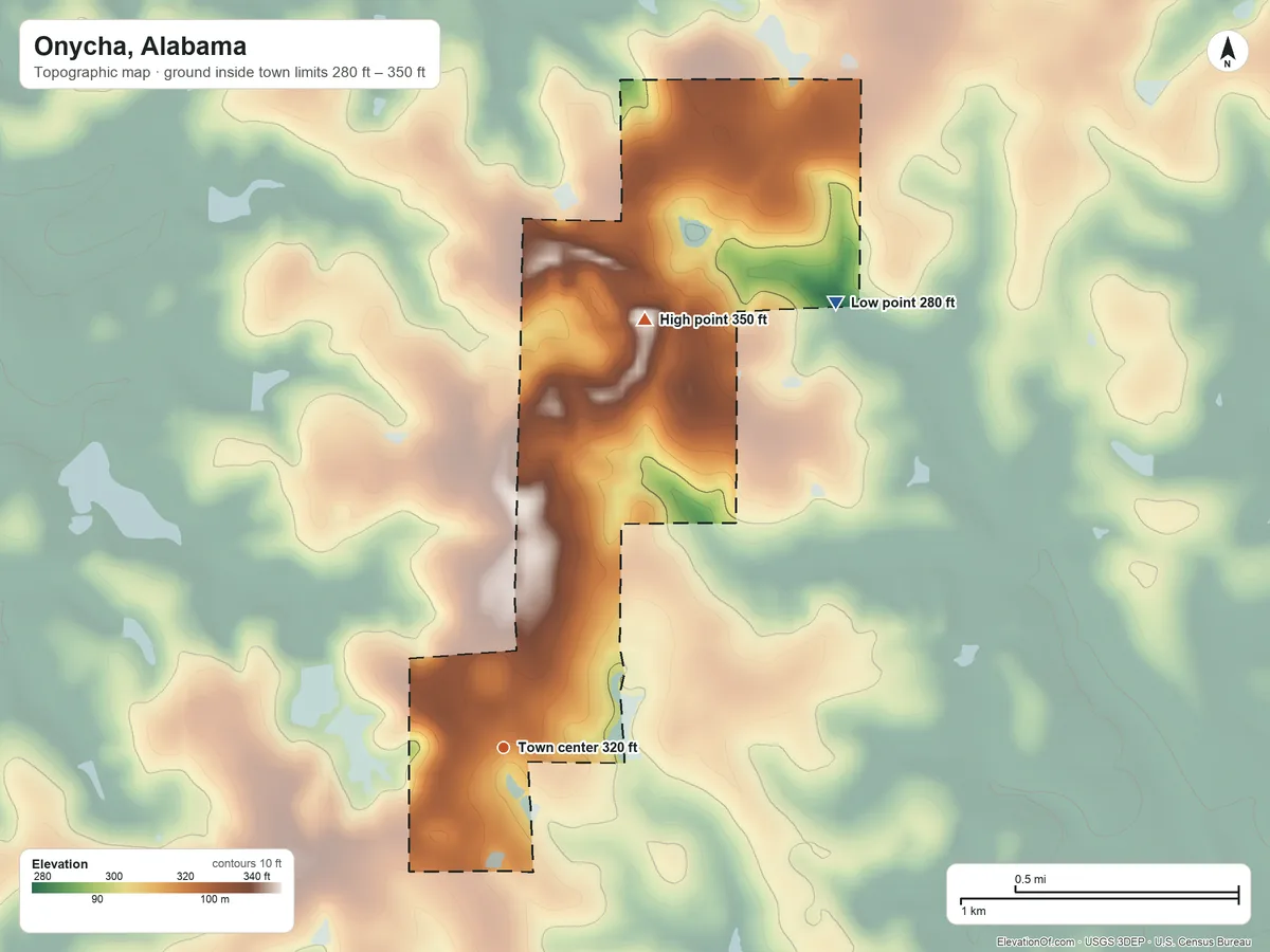 Topographic elevation map of Onycha, Alabama, shaded from 280 ft on the northeast side to 350 ft on the north side