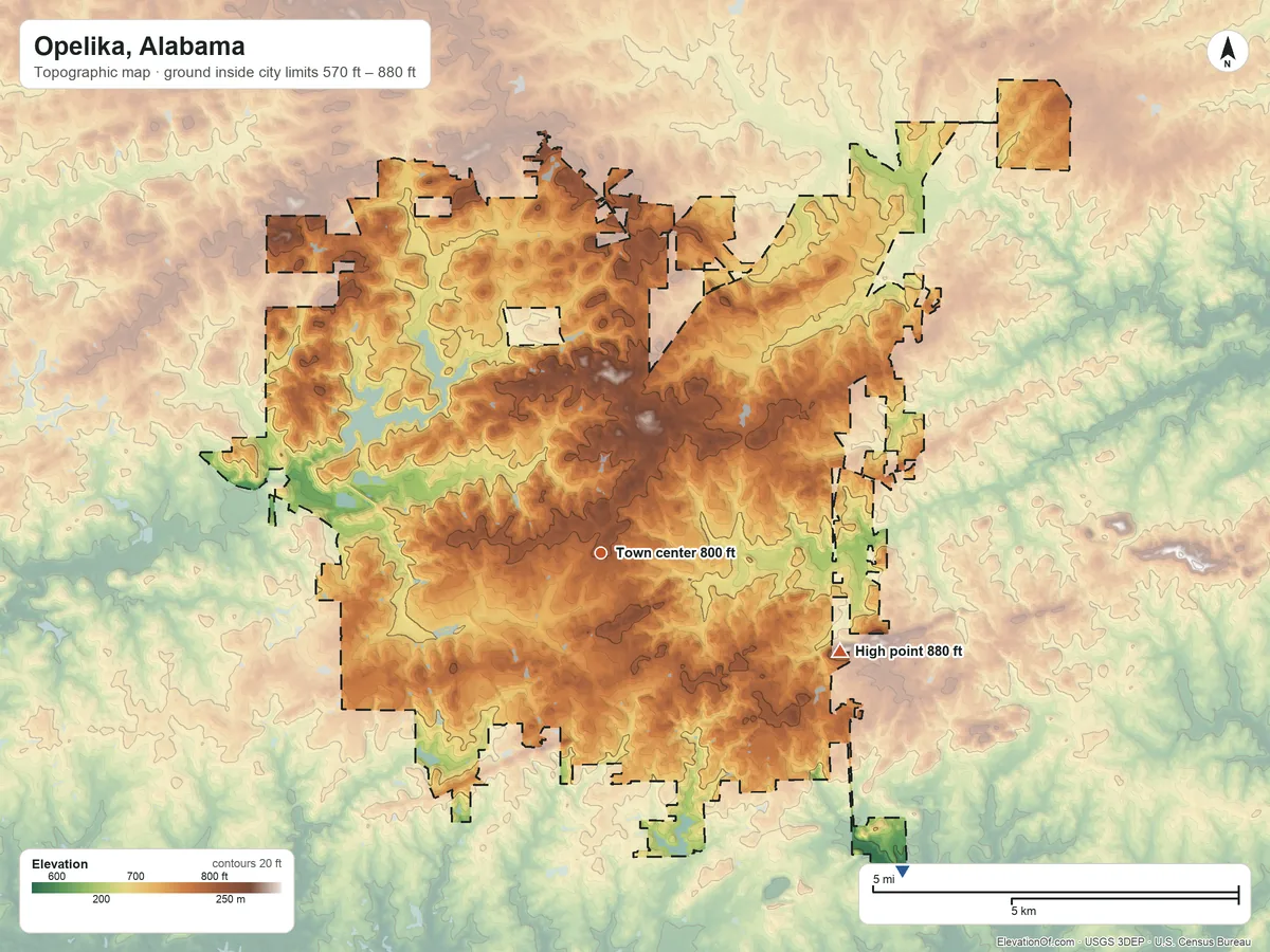 Topographic elevation map of Opelika, Alabama, shaded from 570 ft on the southeast side to 880 ft on the east side