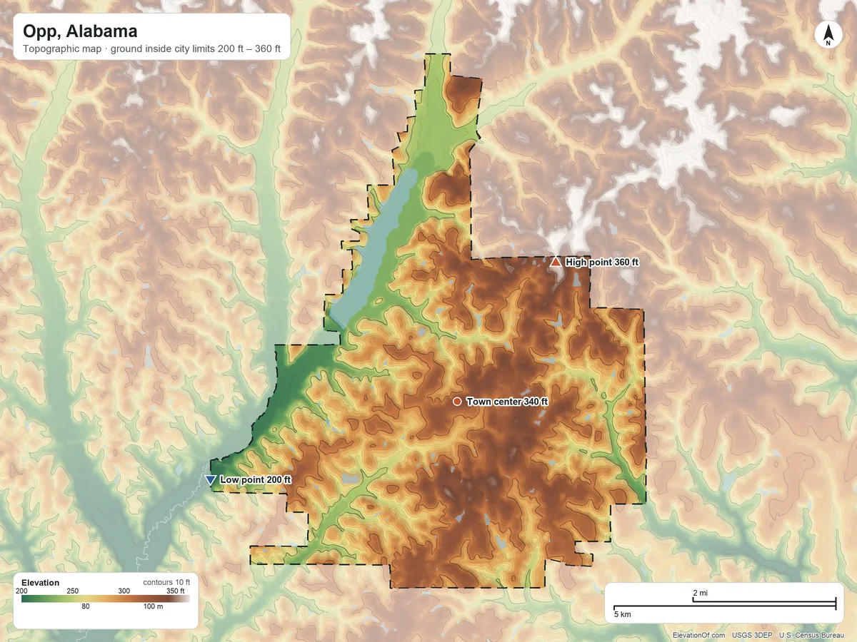 Topographic elevation map of Opp, Alabama, shaded from 200 ft on the west side to 360 ft on the northeast side