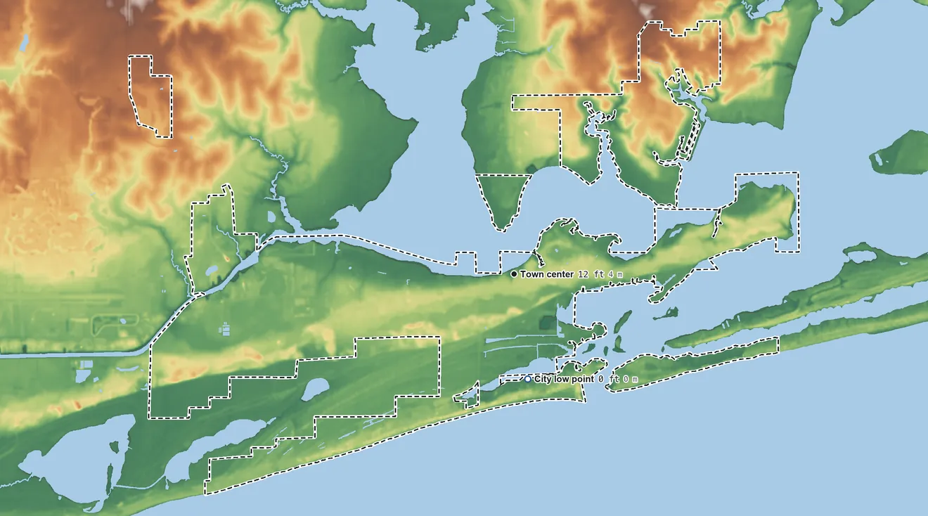 Topographic elevation map of Orange Beach, Alabama, shaded from sea level level on the Gulf of America to 62 ft on the north side