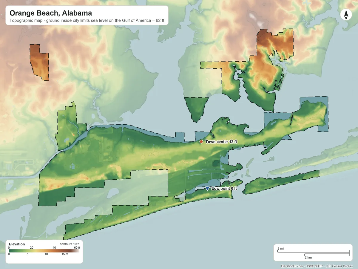 Topographic elevation map of Orange Beach, Alabama, shaded from sea level level on the Gulf of America to 62 ft on the north side