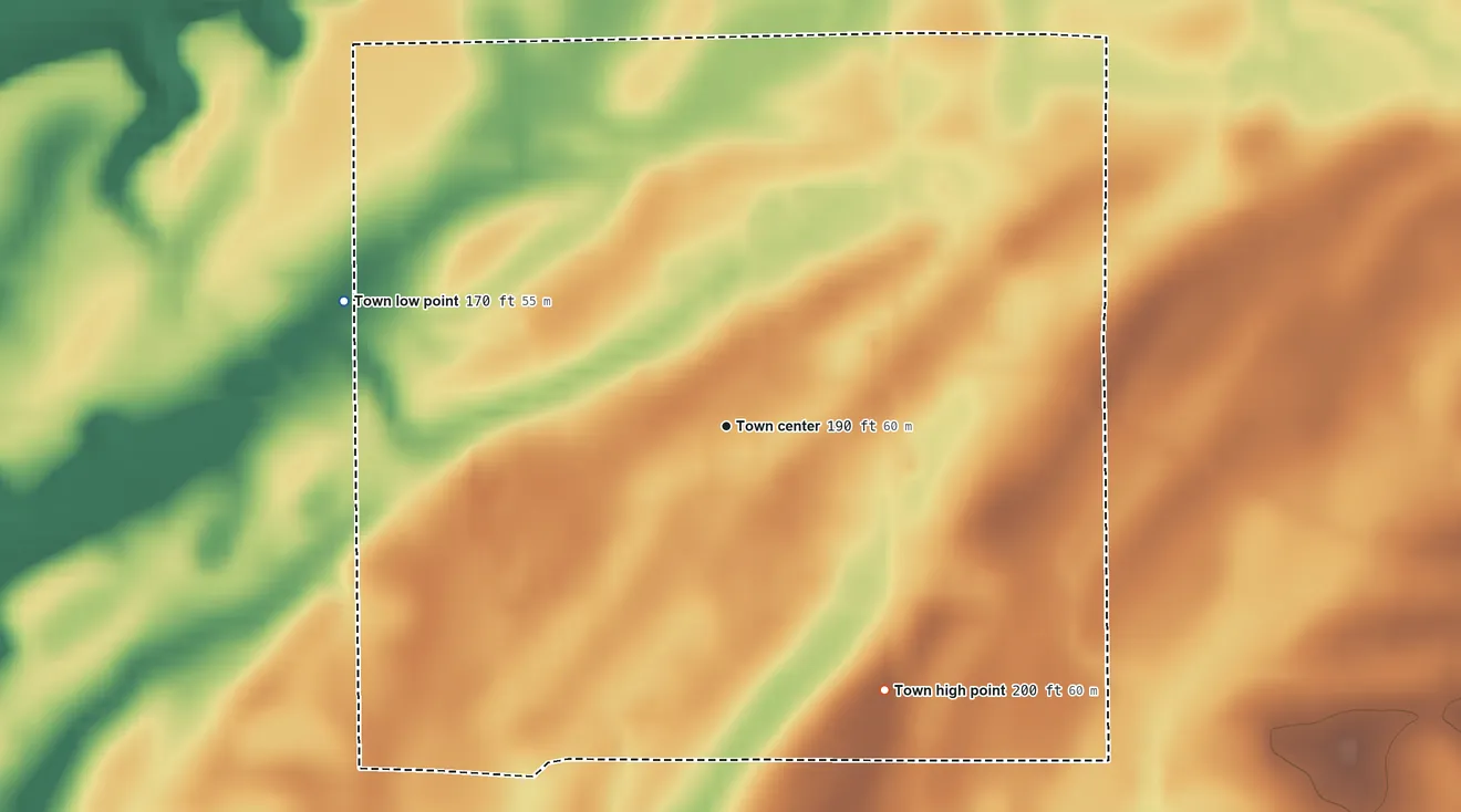 Topographic elevation map of Orrville, Alabama, shaded from 170 ft on the west side to 200 ft on the southeast side