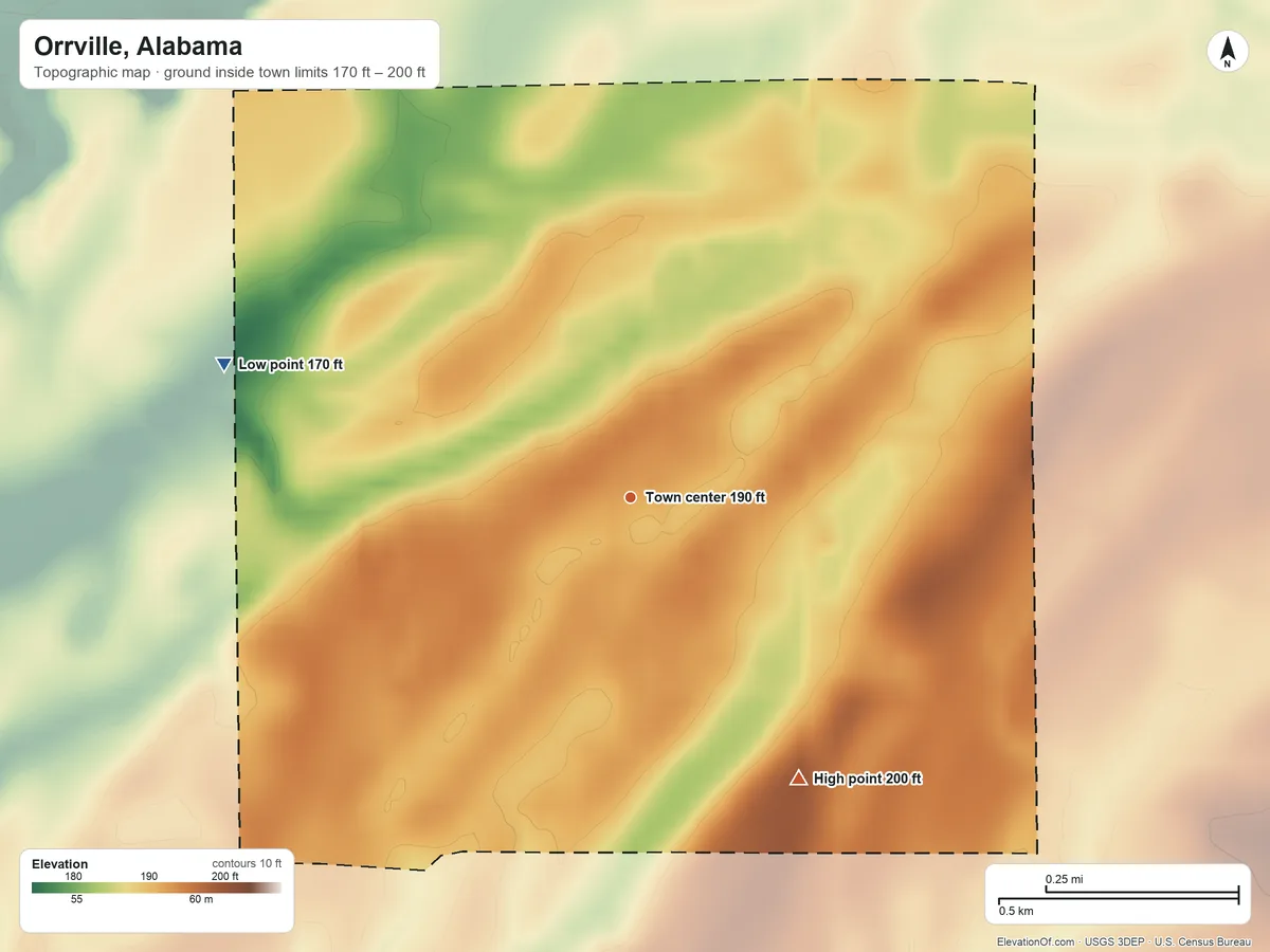 Topographic elevation map of Orrville, Alabama, shaded from 170 ft on the west side to 200 ft on the southeast side