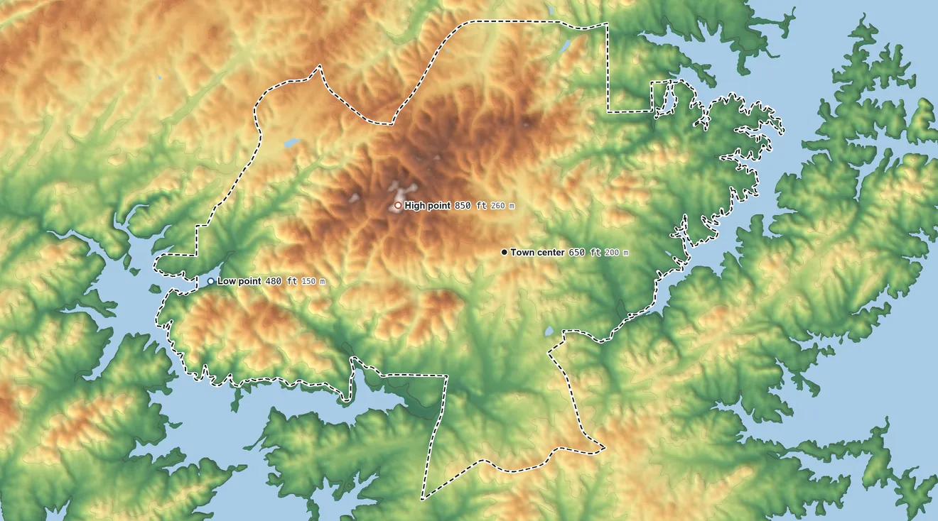 Topographic elevation map of Our Town, Alabama, shaded from 480 ft on the west side to 850 ft on the northwest side