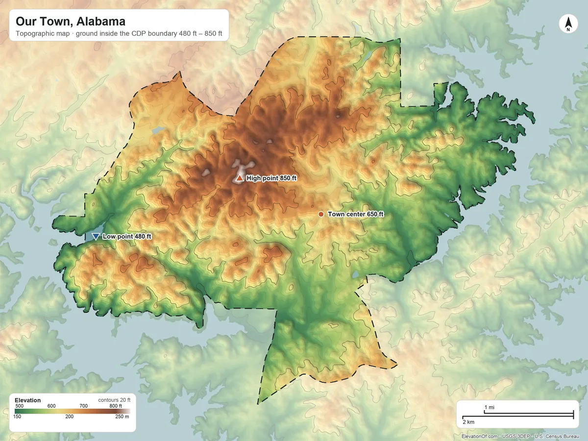 Topographic elevation map of Our Town, Alabama, shaded from 480 ft on the west side to 850 ft on the northwest side