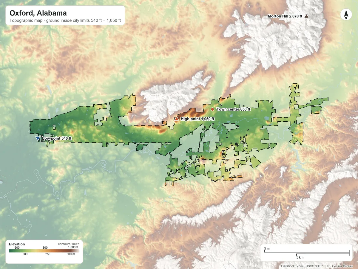 Topographic elevation map of Oxford, Alabama, shaded from 540 ft on the west side to 1,050 ft at the foot of the Talladega Mountain