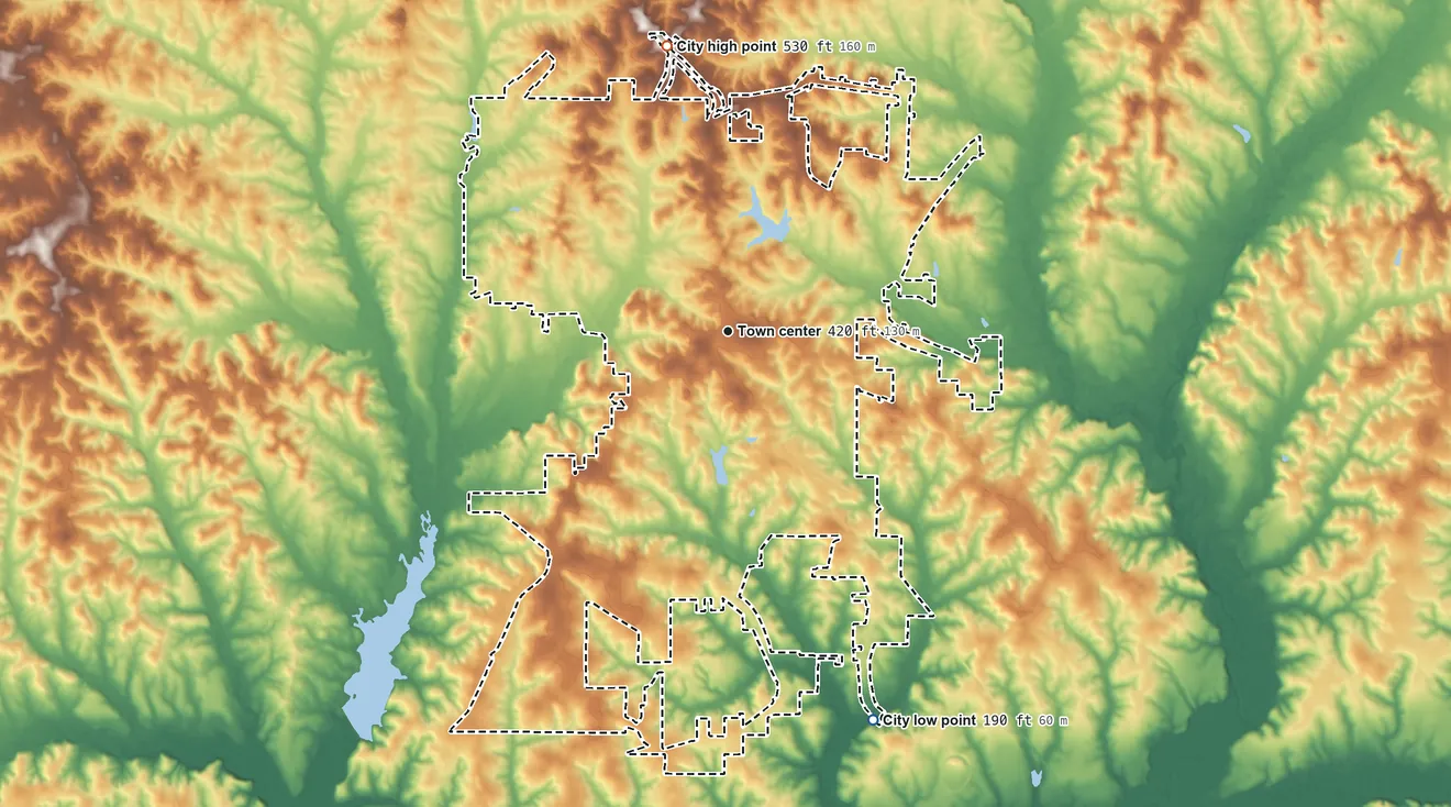 Topographic elevation map of Ozark, Alabama, shaded from 190 ft on the south side to 530 ft on the north side